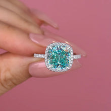 Load image into Gallery viewer, Exquisite Halo Cushion Cut Cyan Blue Engagement Ring In Sterling Silver
